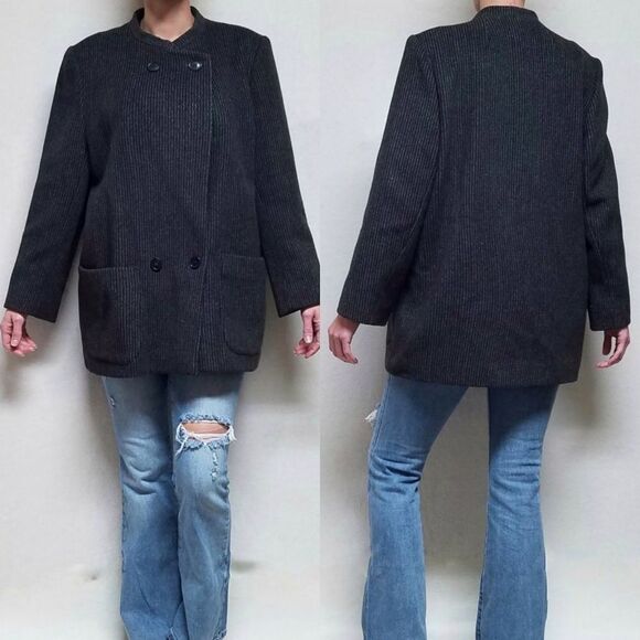 VINTAGE 1970s Karen Wool Cashmere Gray Striped Union Made No Collar Coat - Picture 1 of 16